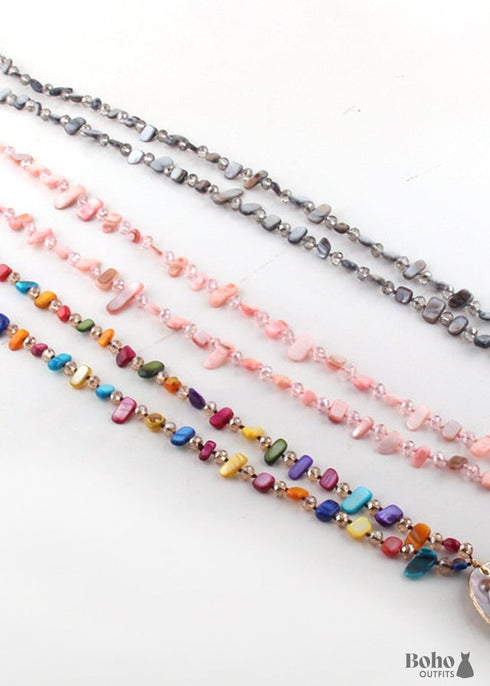 Boho Necklace, RH Big Crystal Shell Purple Necklaces